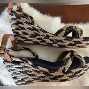 Tory Burch wedge sandles, blue and tan weave. Size 9. Good condition.